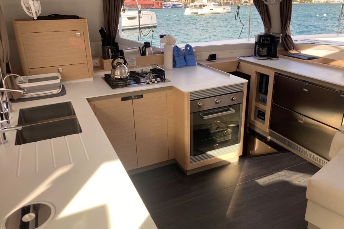 Galley of Aquaphoria, a Fountaine Pajot Tanna 47 Maestro catamaran at Charlotte Amalie, United States
