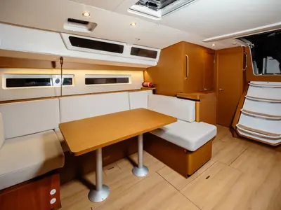 Salon of Chaos - Standard line, a Jeanneau Sun Odyssey 490 sailboat at Capo d'Orlando, Italy