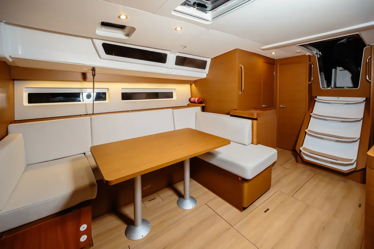 Salon of Chaos - Standard line, a Jeanneau Sun Odyssey 490 sailboat at Capo d'Orlando, Italy