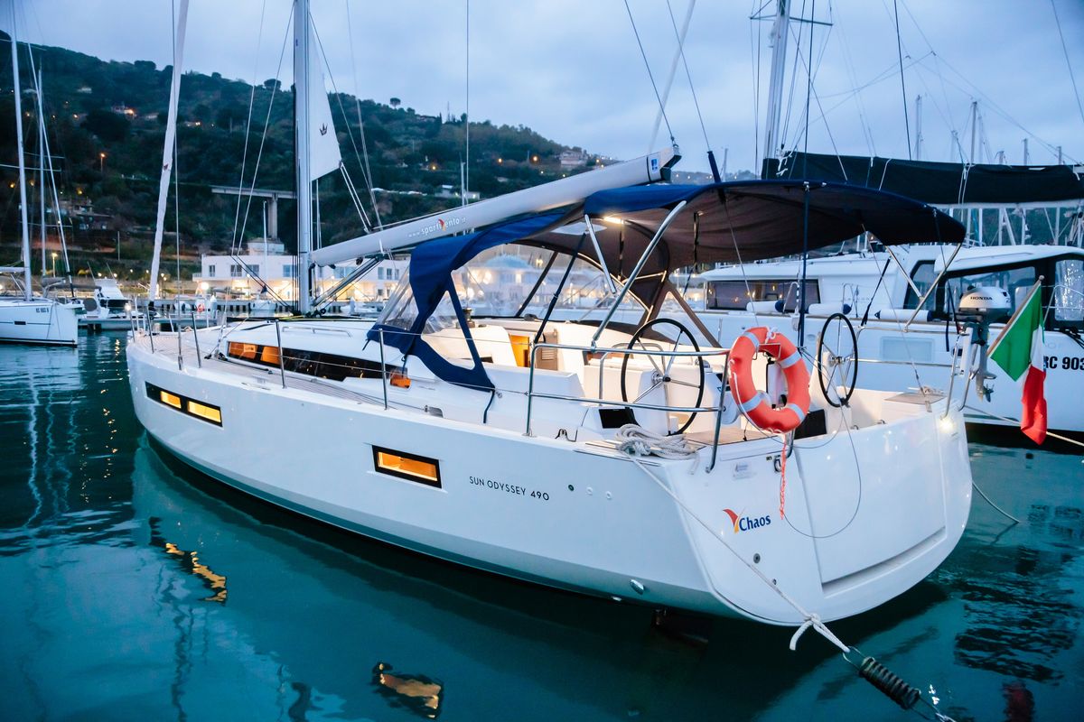 Exterior view of Chaos - Standard line, a Jeanneau Sun Odyssey 490 sailboat at Capo d'Orlando, Italy