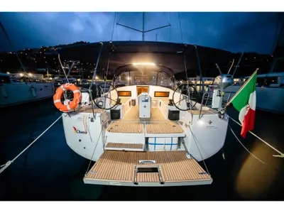 Deck of Chaos - Standard line, a Jeanneau Sun Odyssey 490 sailboat at Capo d'Orlando, Italy