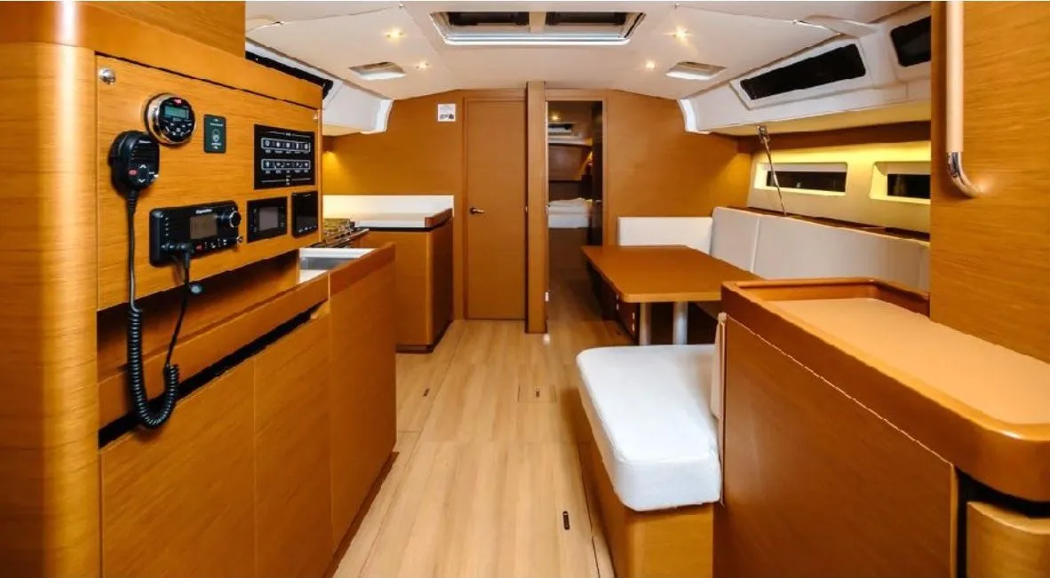 Salon of Chaos - Standard line, a Jeanneau Sun Odyssey 490 sailboat at Capo d'Orlando, Italy