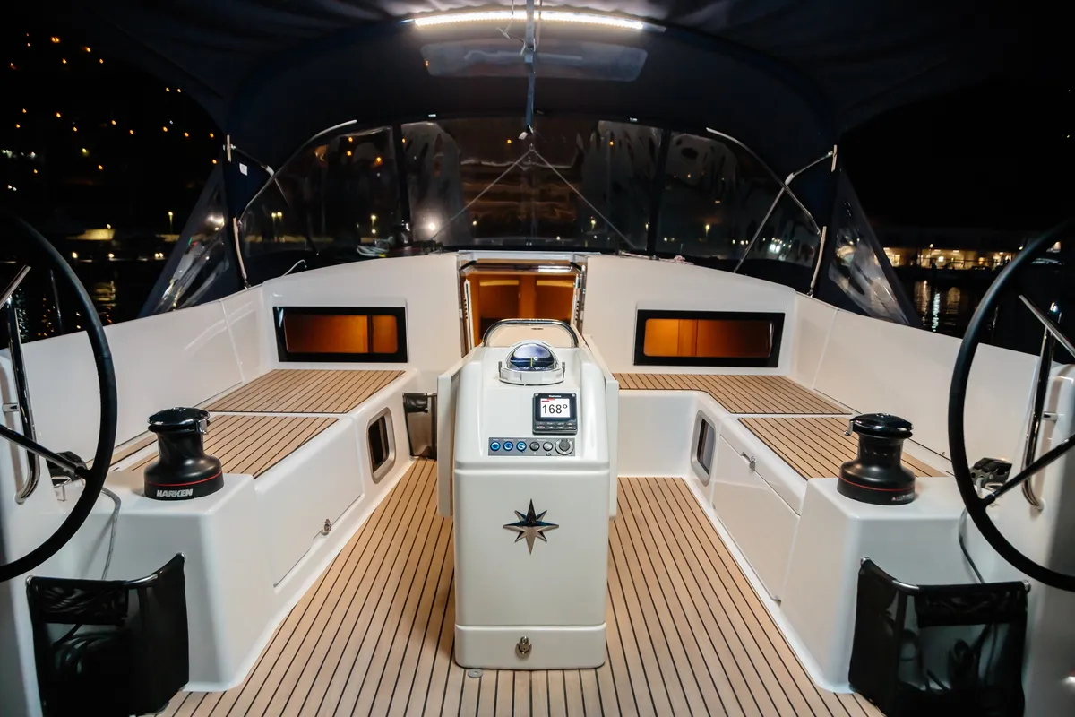Cockpit of Chaos - Standard line, a Jeanneau Sun Odyssey 490 sailboat at Capo d'Orlando, Italy
