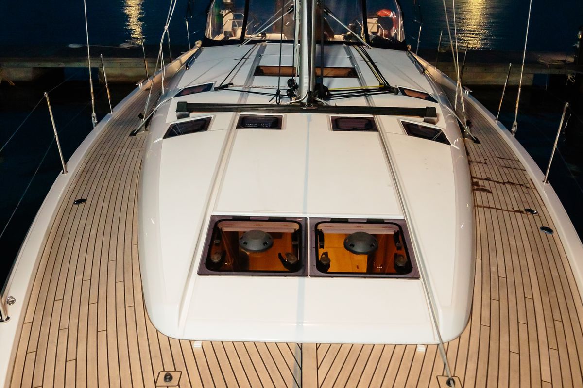Deck of Chaos - Standard line, a Jeanneau Sun Odyssey 490 sailboat at Capo d'Orlando, Italy