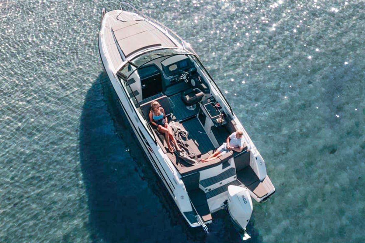 Exterior view of Odysseus, a Nordkapp Noblesse 830 motorboat at Alyki, Greece