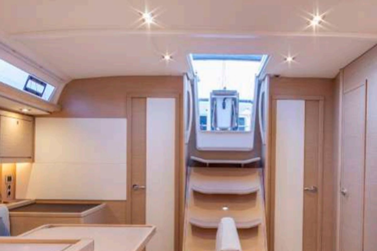Salon of Ybytu, a Dufour 470 sailboat at Paraty, Brazil