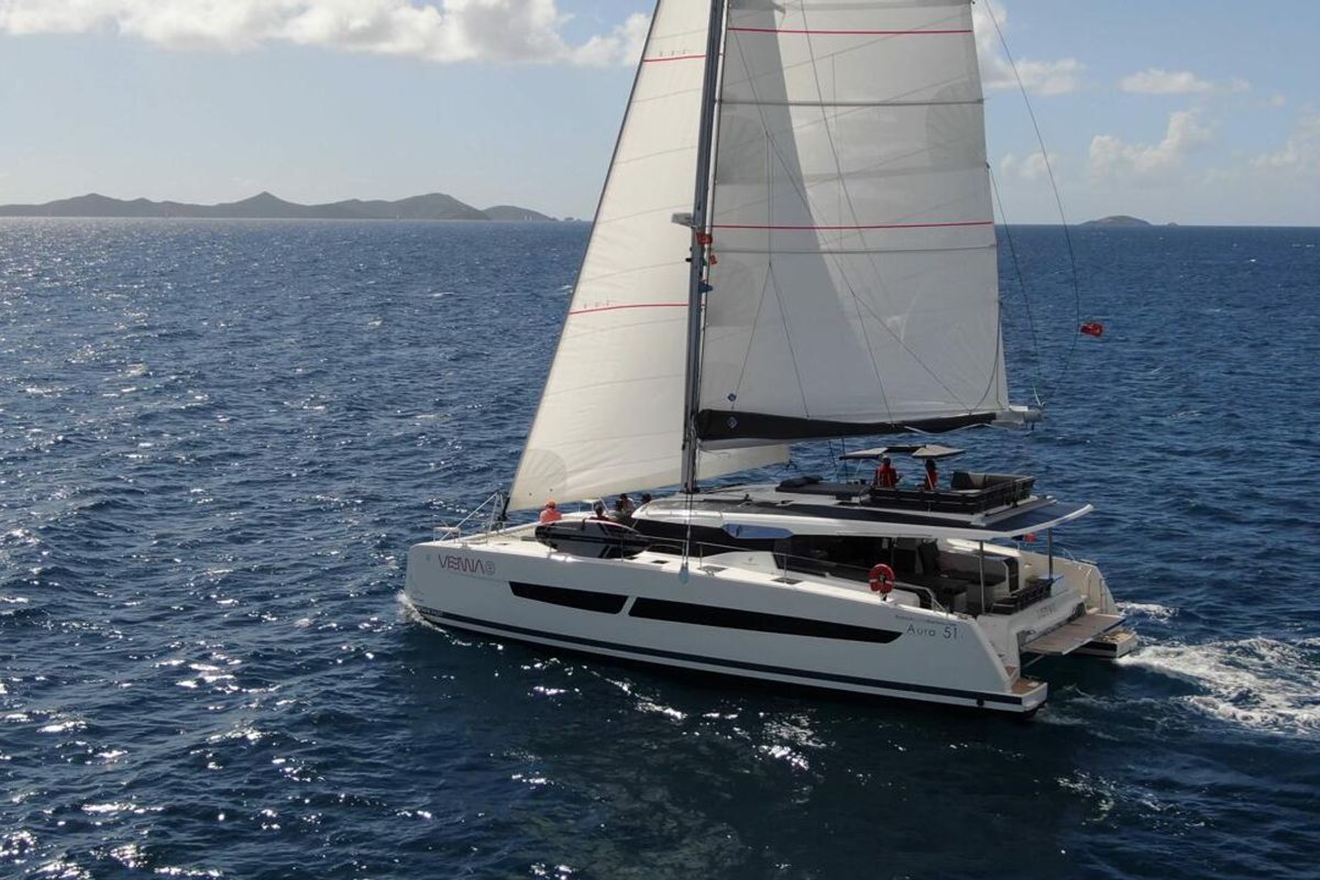 Exterior view of Vienna, a Fountaine Pajot Aura 51 catamaran at Road Town, British Virgin Islands