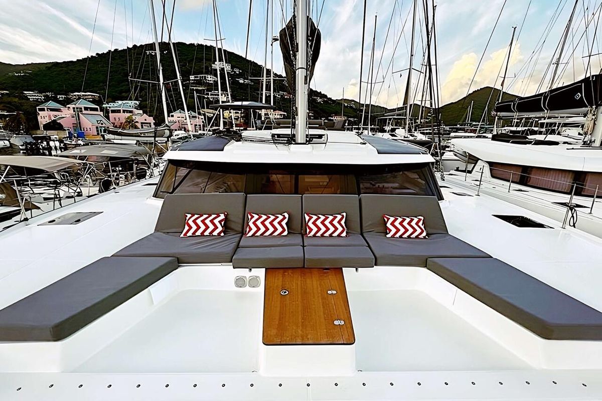 Deck of Vienna, a Fountaine Pajot Aura 51 catamaran at Road Town, British Virgin Islands