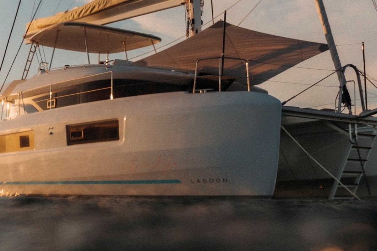 Exterior view of Elysium, a Lagoon 51 catamaran at Grad Kaštela, Croatia
