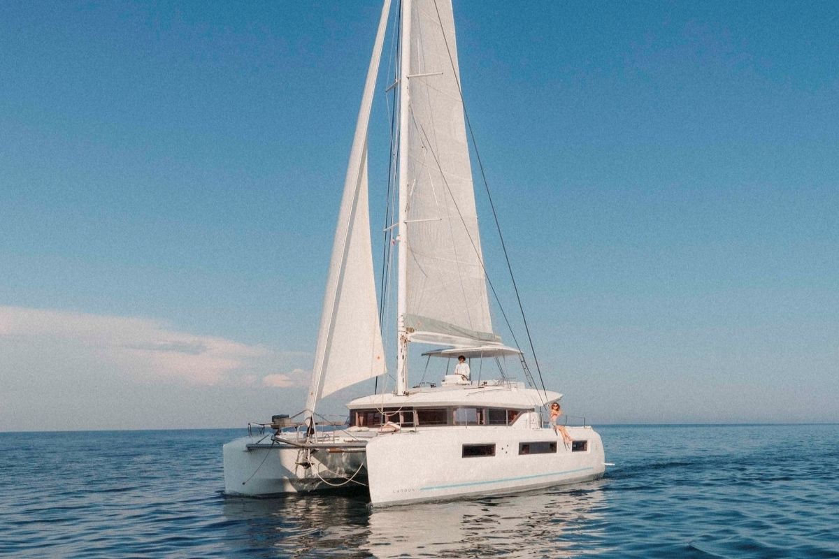 Exterior view of Elysium, a Lagoon 51 catamaran at Grad Kaštela, Croatia