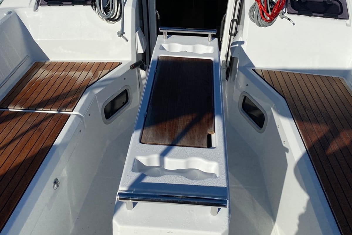 Deck of Angelica, a Beneteau Oceanis 34.1 sailboat at Olbia, Italy