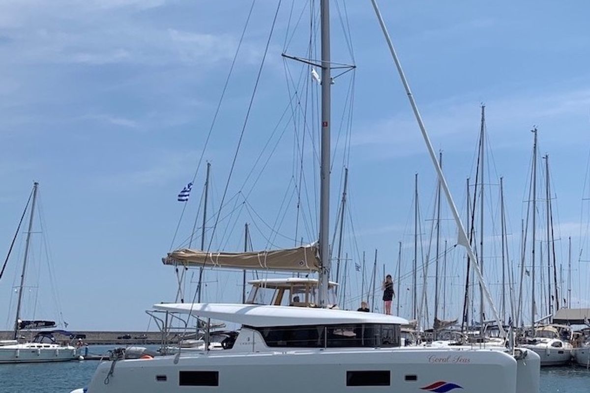 Exterior view of Coral Seas, a Lagoon 42 catamaran at Lavreotiki Municipal Unit, Greece