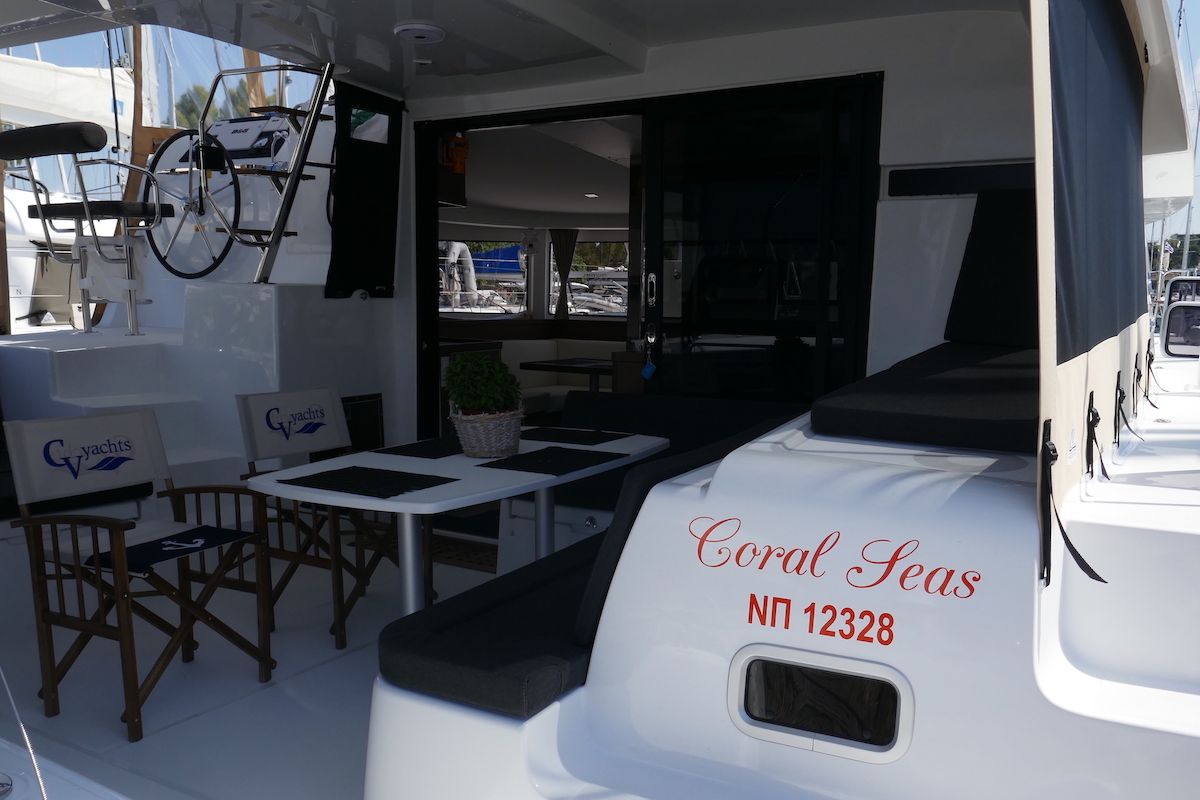 Deck of Coral Seas, a Lagoon 42 catamaran at Lavreotiki Municipal Unit, Greece