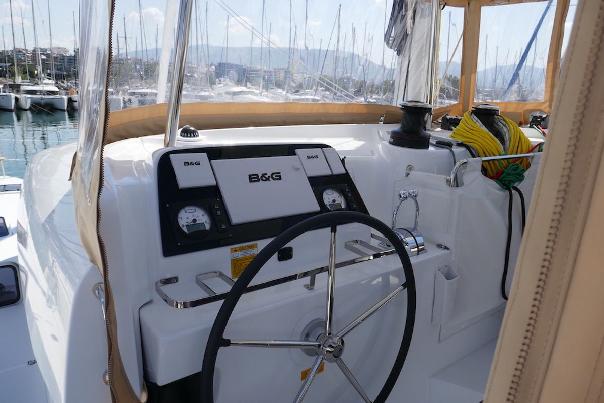 Cockpit of Coral Seas, a Lagoon 42 catamaran at Lavreotiki Municipal Unit, Greece