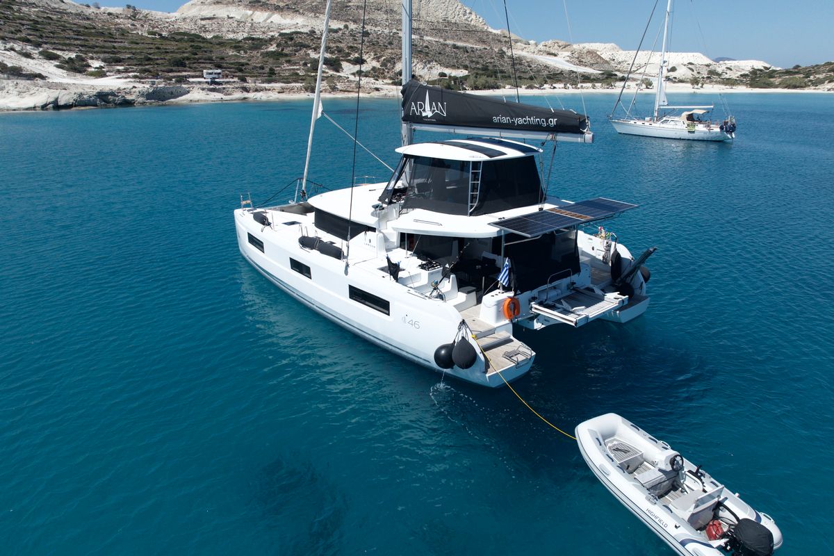 Exterior view of Arian, a Lagoon 46 catamaran at Parikia, Greece