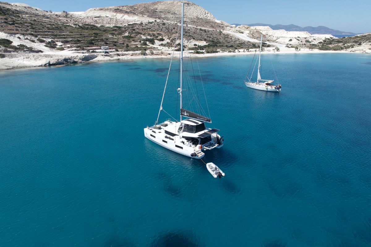 Exterior view of Arian, a Lagoon 46 catamaran at Parikia, Greece