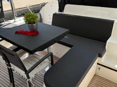 Deck of Arian, a Lagoon 46 catamaran at Parikia, Greece
