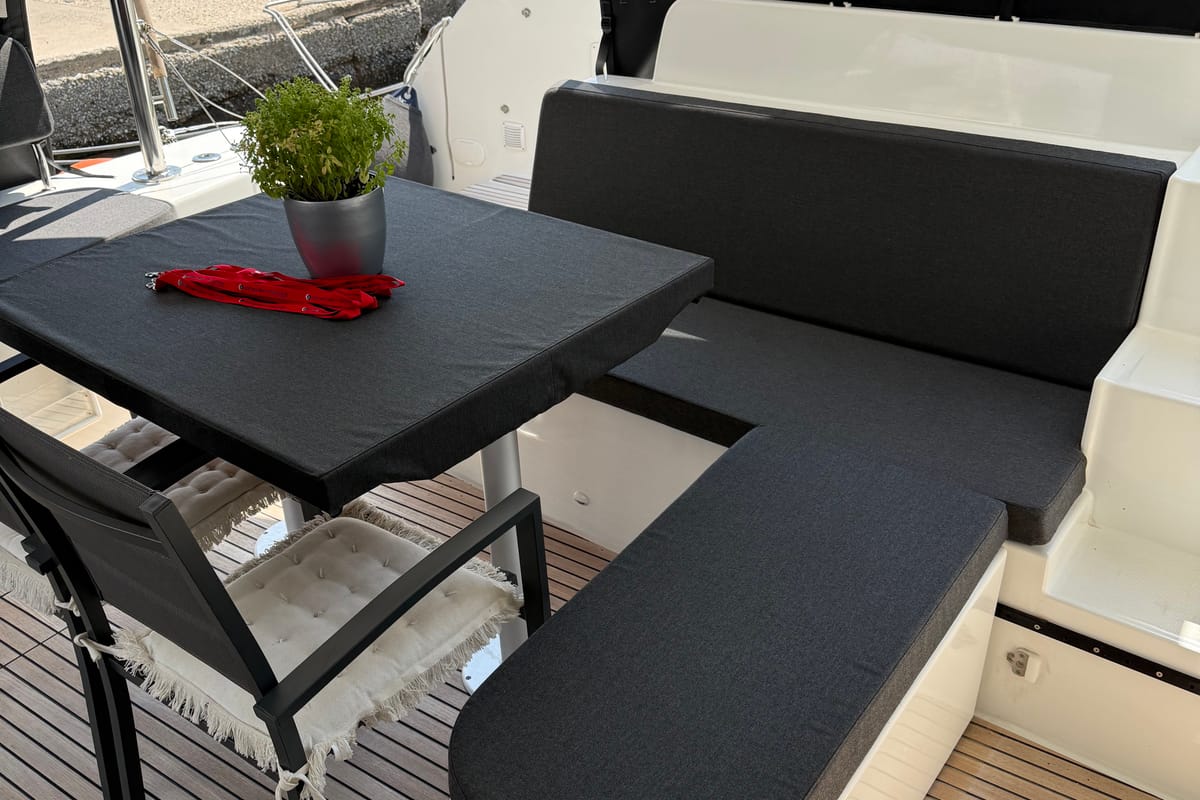 Deck of Arian, a Lagoon 46 catamaran at Parikia, Greece