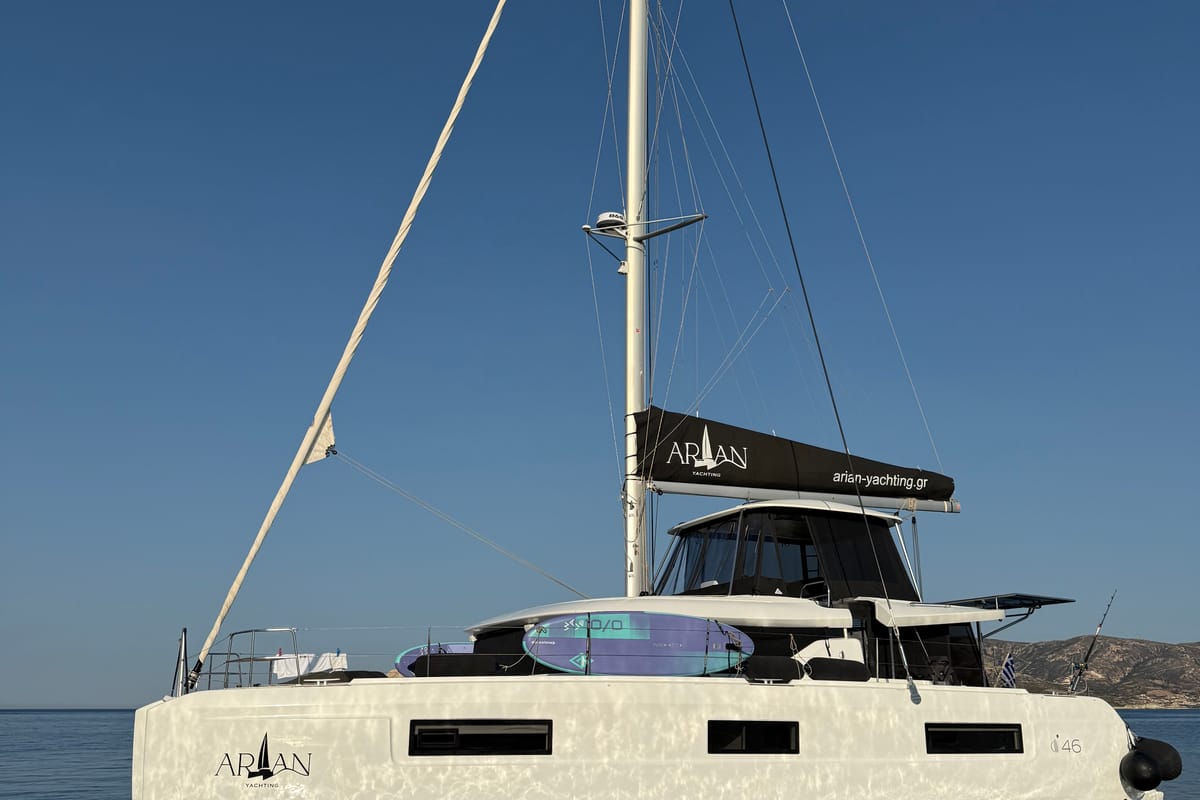 Exterior view of Arian, a Lagoon 46 catamaran at Parikia, Greece