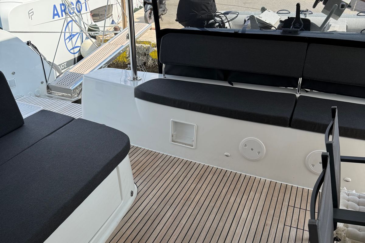 Deck of Arian, a Lagoon 46 catamaran at Parikia, Greece
