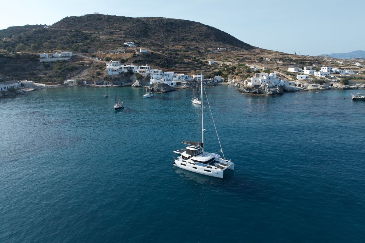 Exterior view of Arian, a Lagoon 46 catamaran at Parikia, Greece
