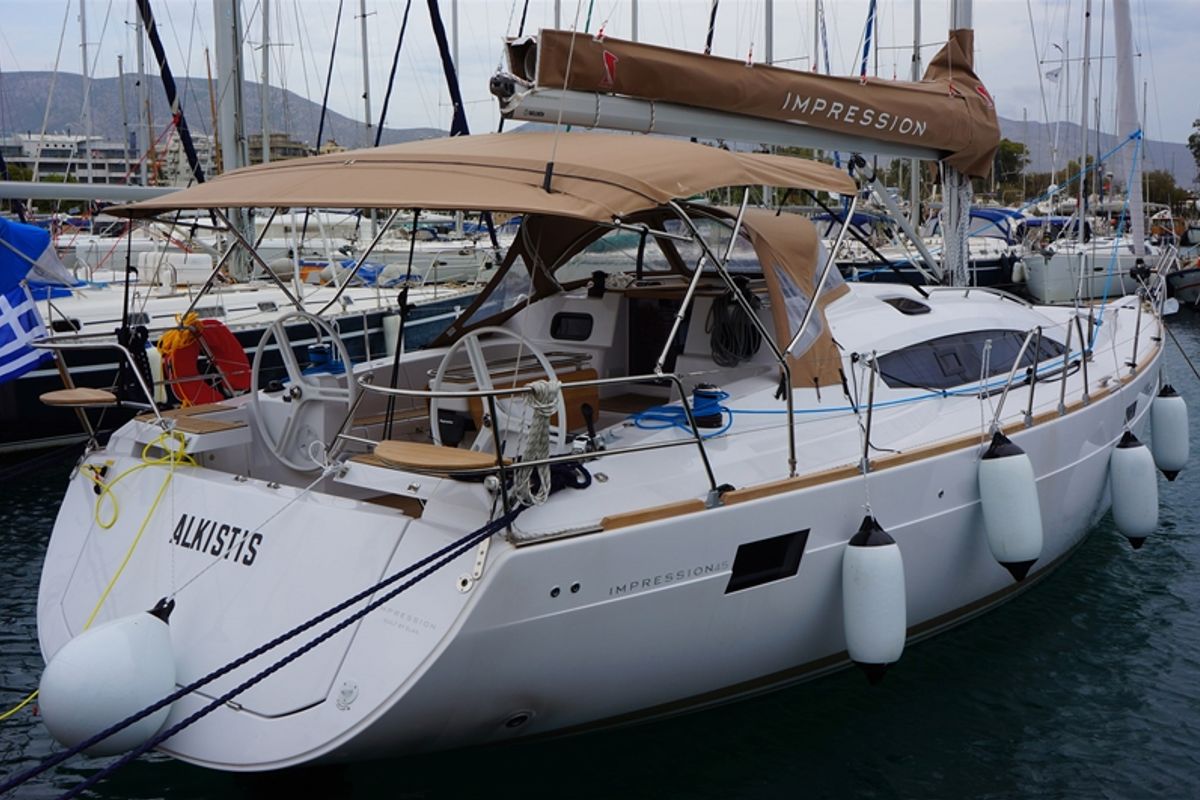 Exterior view of Alkistis, a Elan Impression 45 sailboat at Kontokali, Greece