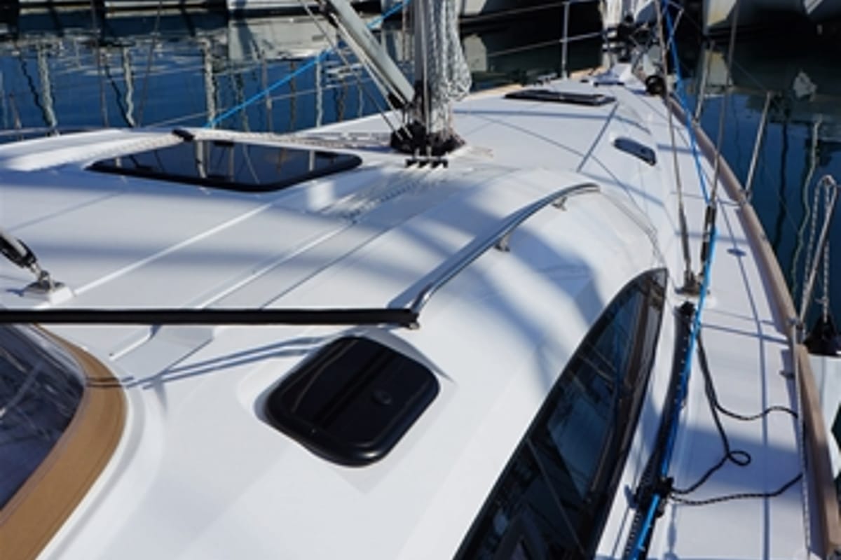 Deck of Alkistis, a Elan Impression 45 sailboat at Kontokali, Greece