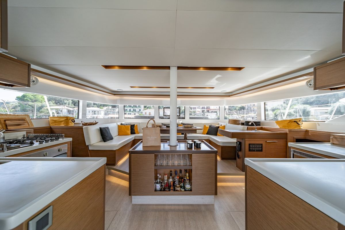 Salon of OZELO, a Lagoon 50 catamaran at Municipal Unit of Lefkada, Greece