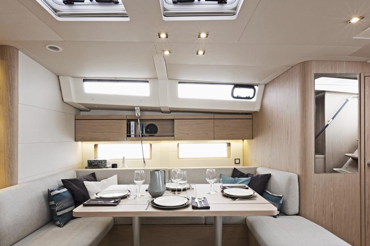 Salon of Moorings 46.4 Club, a Beneteau Oceanis 46.1 sailboat at Procida, Italy