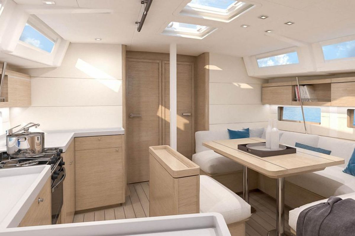 Salon of Moorings 46.4 Club, a Beneteau Oceanis 46.1 sailboat at Procida, Italy
