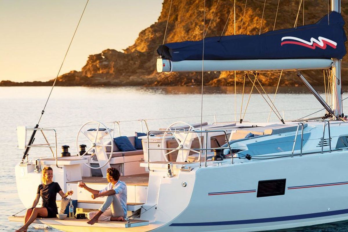 Exterior view of Moorings 46.4 Club, a Beneteau Oceanis 46.1 sailboat at Procida, Italy