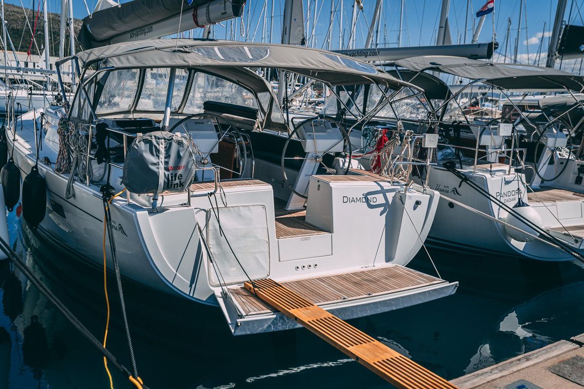 Exterior view of Diamond, a Hanse Yachts Hanse 455 sailboat at Seget Donji, Croatia