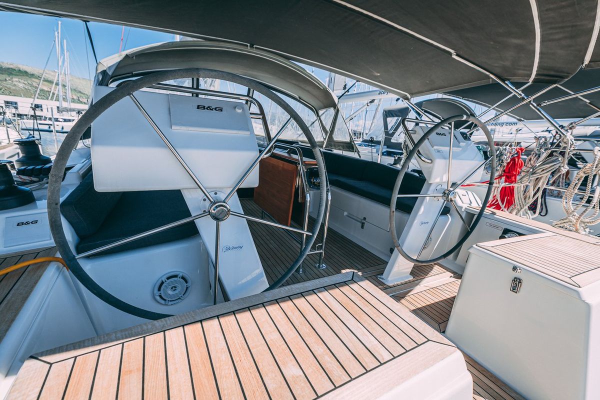 Cockpit of Diamond, a Hanse Yachts Hanse 455 sailboat at Seget Donji, Croatia