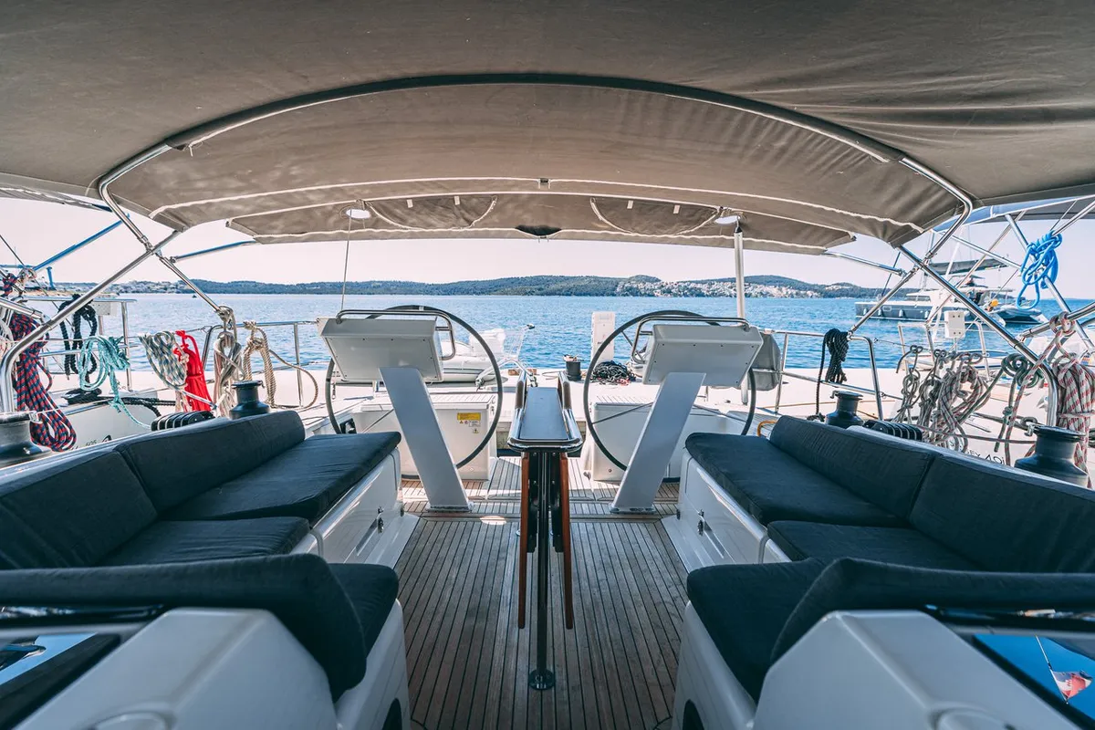 Deck of Diamond, a Hanse Yachts Hanse 455 sailboat at Seget Donji, Croatia