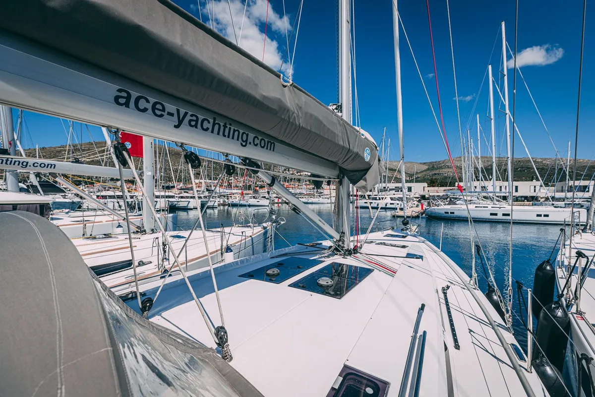 Deck of Diamond, a Hanse Yachts Hanse 455 sailboat at Seget Donji, Croatia