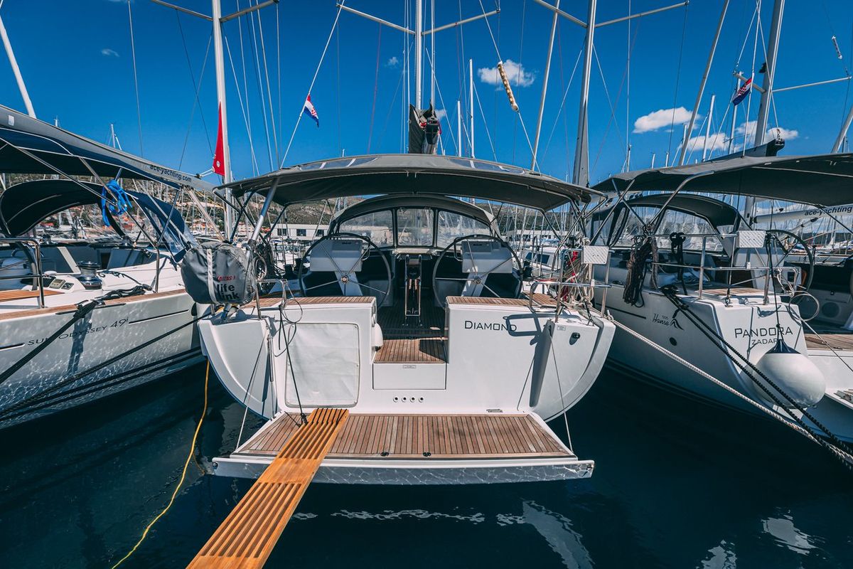 Cockpit of Diamond, a Hanse Yachts Hanse 455 sailboat at Seget Donji, Croatia