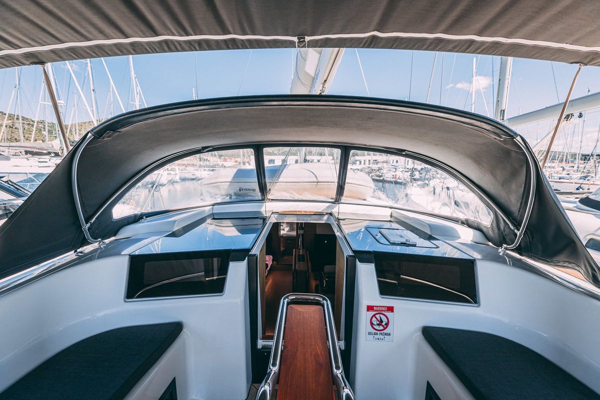 Cockpit of Diamond, a Hanse Yachts Hanse 455 sailboat at Seget Donji, Croatia