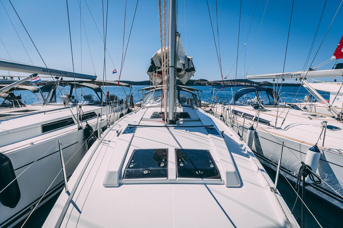 Deck of Diamond, a Hanse Yachts Hanse 455 sailboat at Seget Donji, Croatia