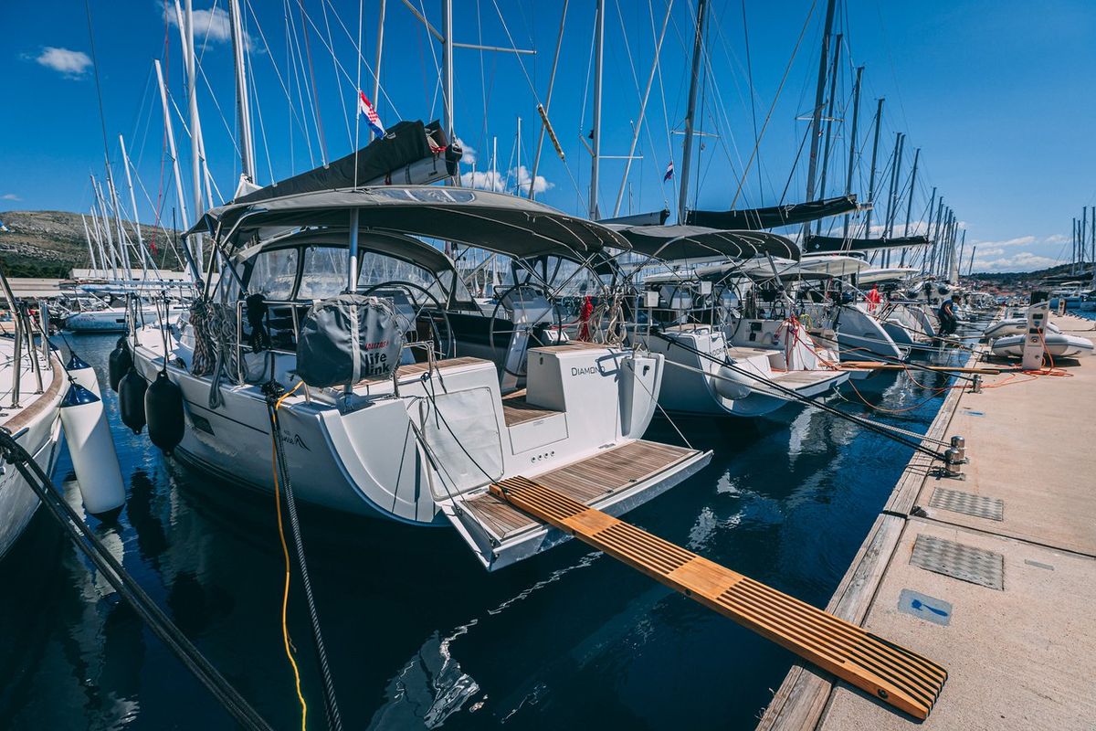 Exterior view of Diamond, a Hanse Yachts Hanse 455 sailboat at Seget Donji, Croatia