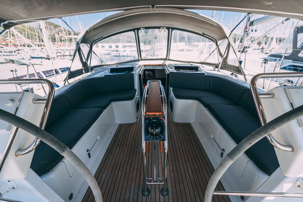 Cockpit of Diamond, a Hanse Yachts Hanse 455 sailboat at Seget Donji, Croatia