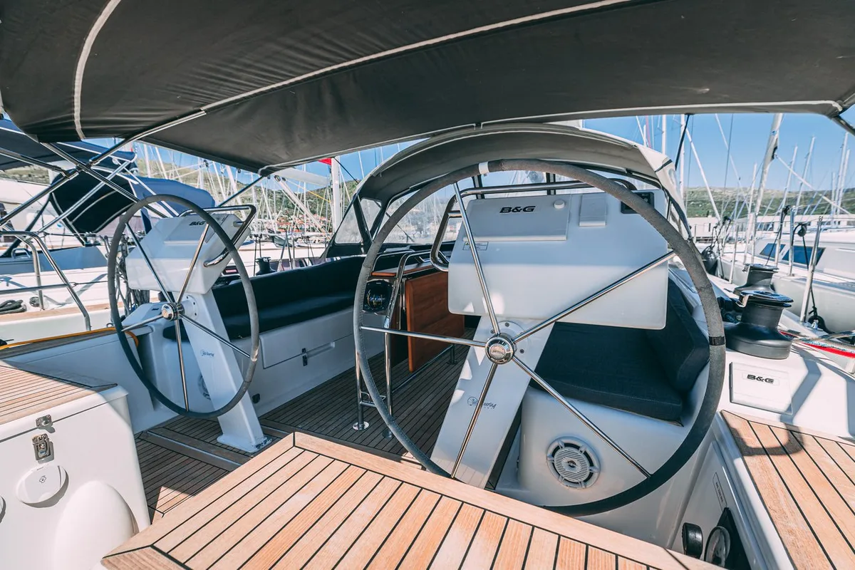 Cockpit of Diamond, a Hanse Yachts Hanse 455 sailboat at Seget Donji, Croatia