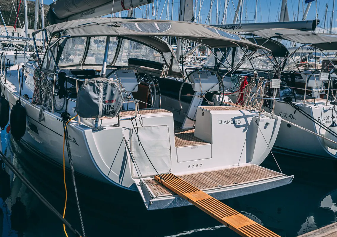 Exterior view of Diamond, a Hanse Yachts Hanse 455 sailboat at Seget Donji, Croatia