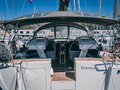 Cockpit of Diamond, a Hanse Yachts Hanse 455 sailboat at Seget Donji, Croatia