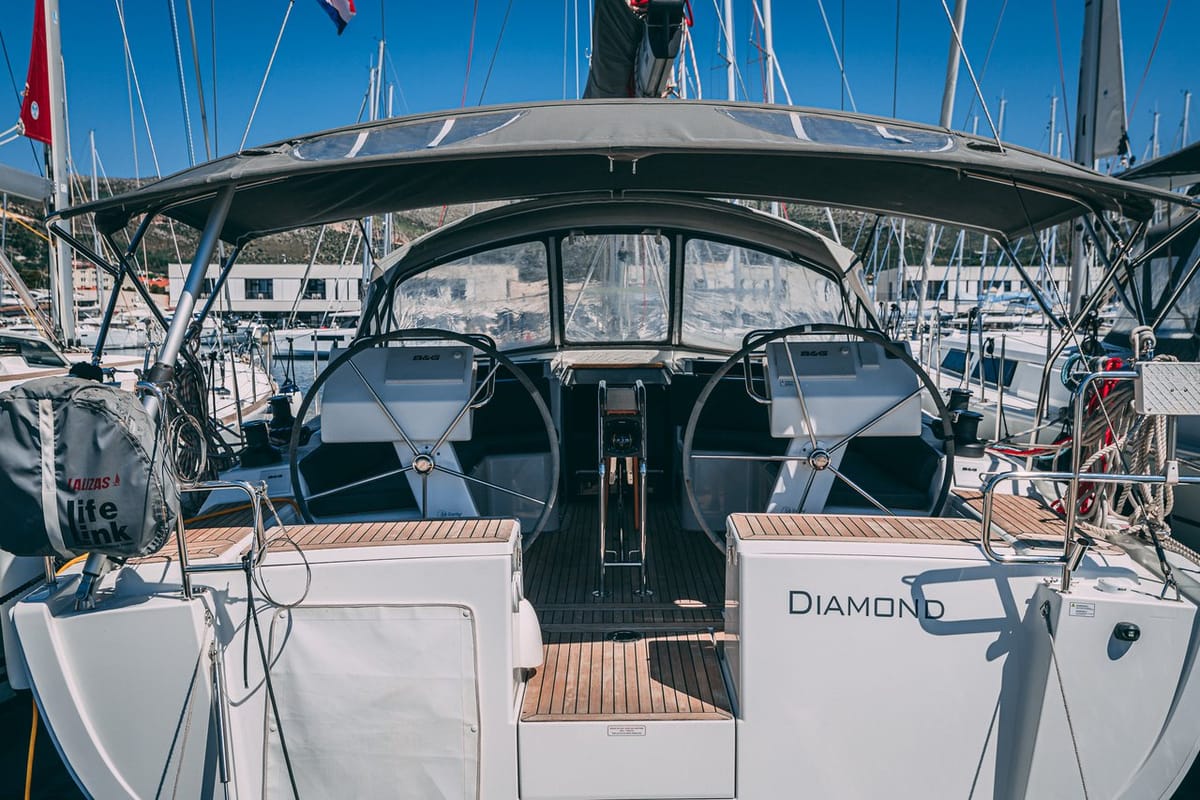 Cockpit of Diamond, a Hanse Yachts Hanse 455 sailboat at Seget Donji, Croatia