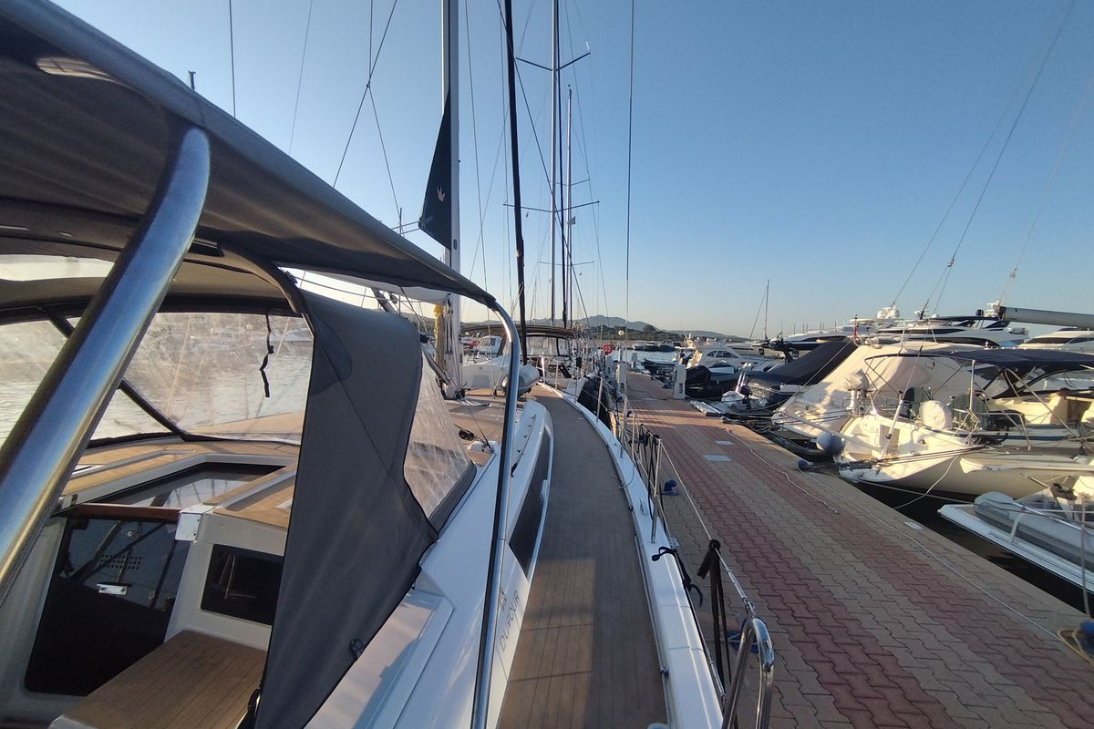 Deck of Rhamnus, a Dufour 530 sailboat at Olbia, Italy
