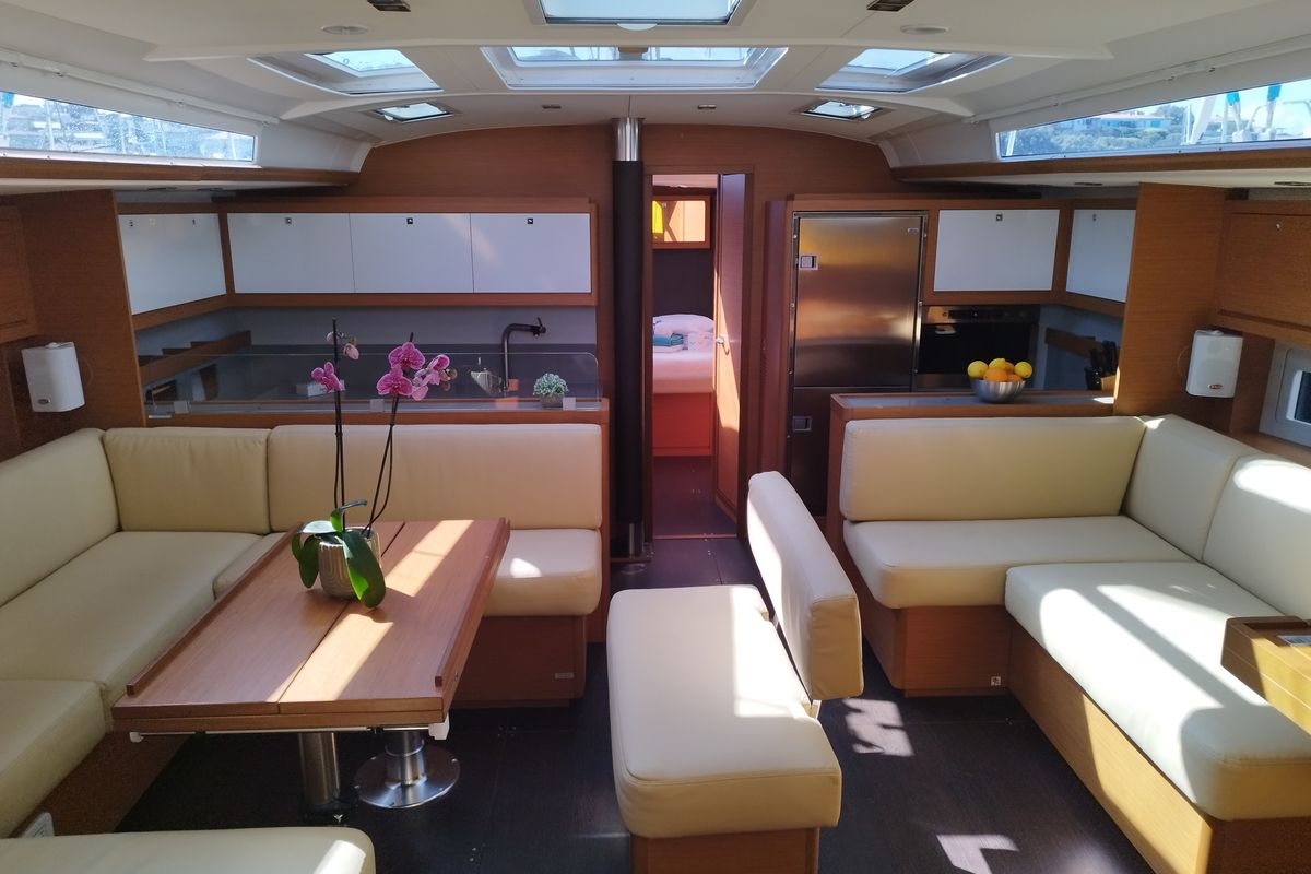 Salon of Rhamnus, a Dufour 530 sailboat at Olbia, Italy