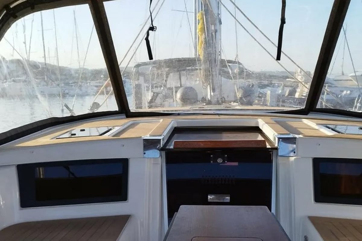 Cockpit of Rhamnus, a Dufour 530 sailboat at Olbia, Italy