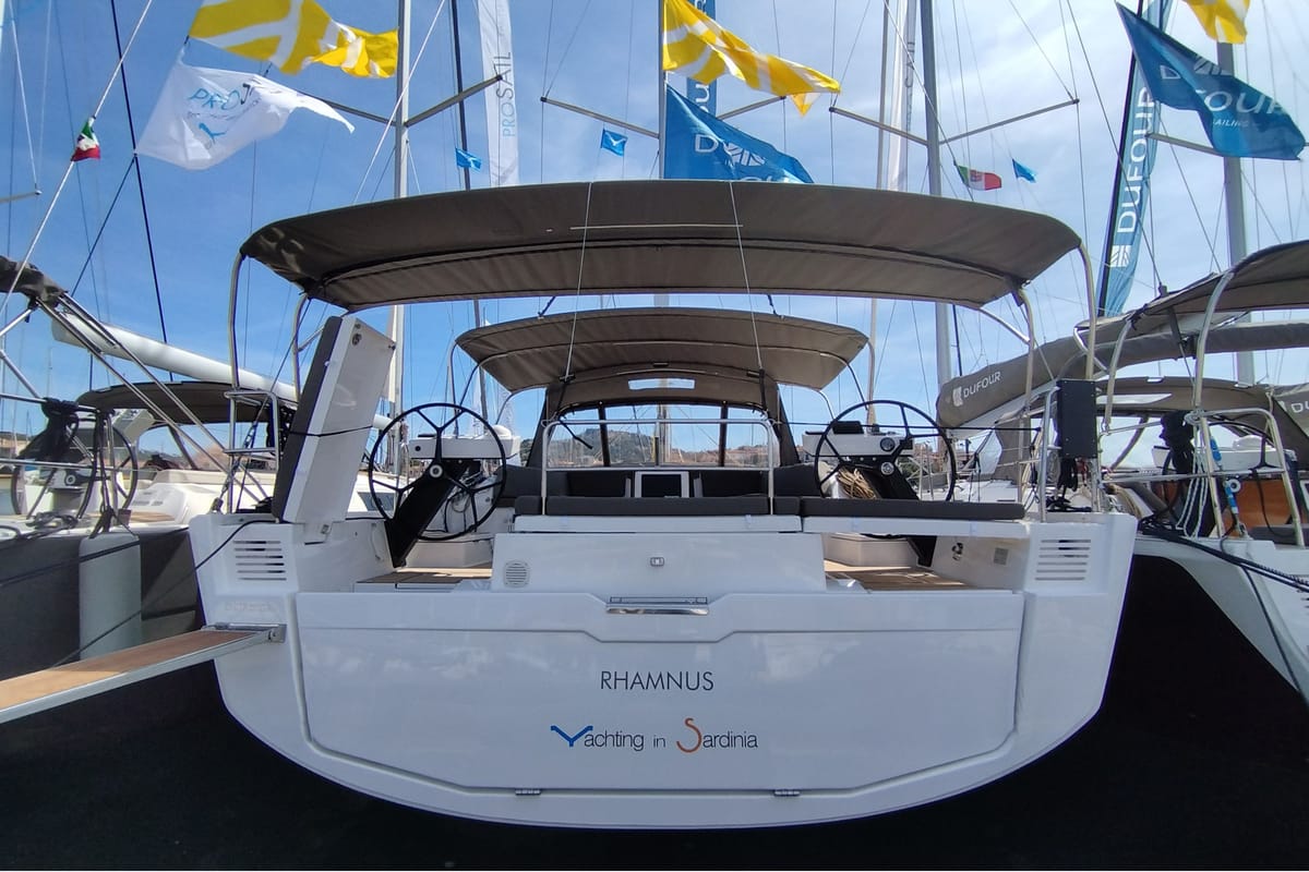 Exterior view of Rhamnus, a Dufour 530 sailboat at Olbia, Italy