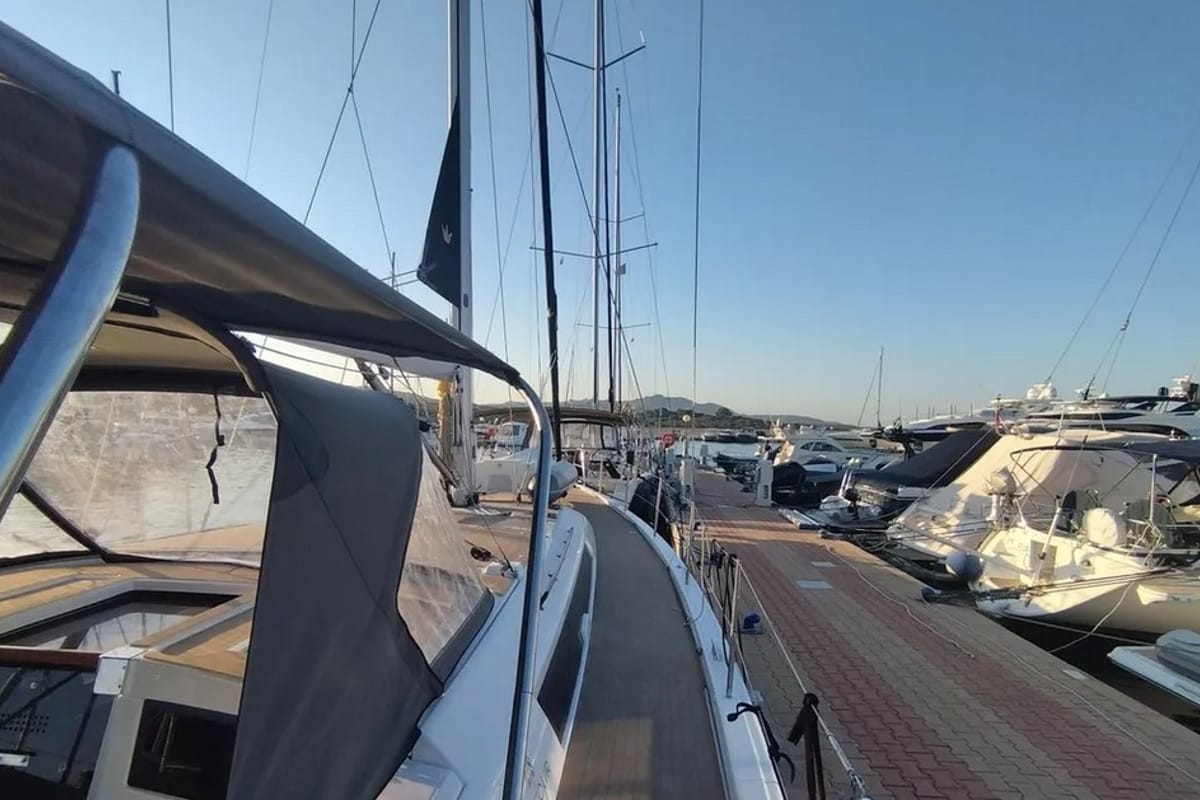 Deck of Rhamnus, a Dufour 530 sailboat at Olbia, Italy