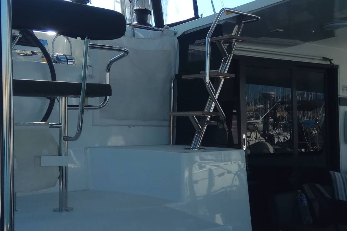 Cockpit of Euphoria, a Lagoon 42 catamaran at Municipal Unit of Lefkada, Greece